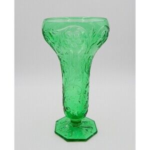 McKee Green Rock Crystal Flower Vaseline Glass Vase Uranium 11 Inch Floral